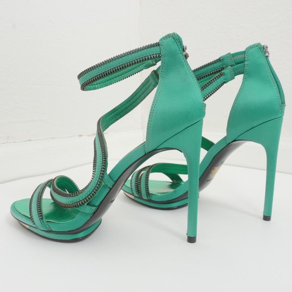 BCBGMaxAzria Green Satin Zipper Detail Size 7 1/2 B Strappy High Heel Shoes - Picture 6 of 13